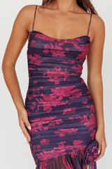 Stole The Show Ruched Mesh Maxi Dress Floral Grape