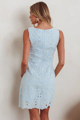 Villanelle Faux Button Placket Eyelet Mini Dress Blue