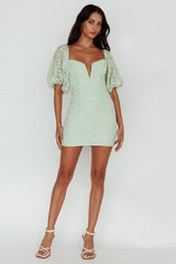 Good Vibes Puff Sleeve Deep V-Neckline Lace Mini Dress Sage