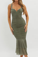 Surreal Lace-Up Back Ruched Midi Dress Olive