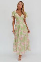 Loveberry Puff Sleeve A-Line Maxi Dress Green