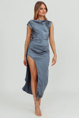 Grecian Cap Sleeve Cowl Back Dress Steel Blue