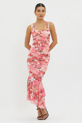 Nadia Ruched Fishtail Midi Dress Floral Pink