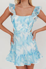 Porcia Tied Back Frill Dress Leaves Blues