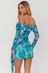 Dangerous Off-Shoulder Waist Tie Mesh Mini Dress Print Blue