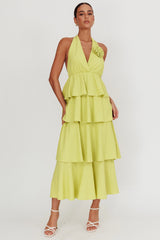 Kimberley Halter Neck Ruffle Maxi Dress Matcha