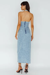 Renita Halterneck Button Maxi Dress Denim Blue