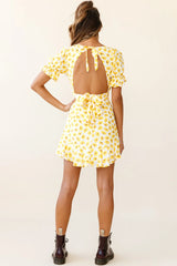 Linka Puff Sleeve Open Back Dress Floral Print Yellow