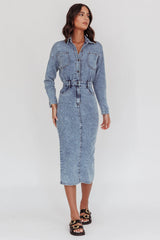 Light Inside Long Sleeve Midi Dress Denim Blue