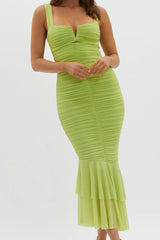 Nadia Ruched Fishtail Maxi Dress Lime