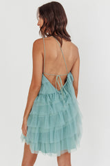Arrabel Tiered Ruffle Mesh Mini Dress Sage