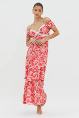 Seina Off-Shoulder Crochet Trim Dress Print Red