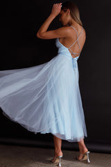 Floating By Pleated Neckline Mesh Midi Dress Blue