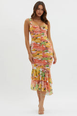 Nadia Ruched Fishtail Midi Dress Floral Orange