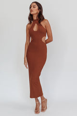 Estella Keyhole Ribbed Midi Dress Brown