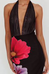 Italia Azure Halterneck Maxi Dress Flowers Black