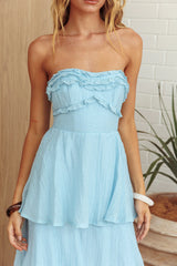 Top It Off Strapless Frill Trim Maxi Dress Blue