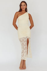 Lingering Love One-Shoulder Split Midi Dress Lace Yellow