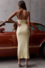 Frieda Cowl Neck Side Split Ribbed Midi Dress Yellow