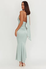 Italia Azure Pleat Bodice Halterneck Maxi Dress Sage