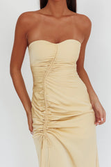 Molinda Strapless Ruched Drawstring Maxi Dress Golden