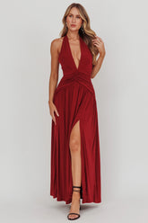 Italia Azure Gathered Waist Maxi Dress Wine