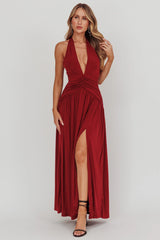 Italia Azure Gathered Waist Maxi Dress Wine
