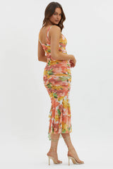 Nadia Ruched Fishtail Midi Dress Floral Orange