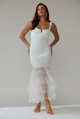 Nadia Tulle Hem Ruched Maxi Dress White