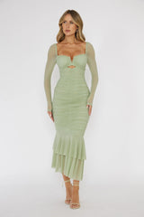 Nadia Long Sleeve Fishtail Midi Dress Mint