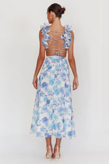Madara Lace-Up Back Maxi Dress Floral Blue