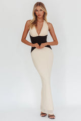 Milos Contrast Halter Maxi Dress Cream