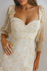 Desiree Sweetheart Neckline Shirred Cuff Frill Dress Floral Print Yellow