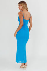Morella Ruched Waist Mesh Maxi Dress Blue