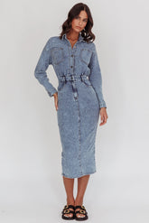 Light Inside Long Sleeve Midi Dress Denim Blue