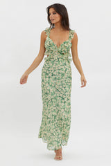 Second Chances Ruffle Trim Maxi Dress Flowers Green