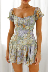 Linka Off-Shoulder Tie Back Fluted Hem Dress Floral Print Yellow