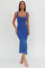 Nadia Ruched Fishtail Maxi Dress Blue