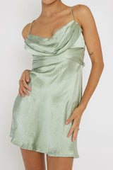 Starring Role Cowl Bust Waist Tie Mini Dress Sage
