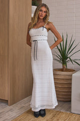 Delicate Femme Knit Ribbon Trim Maxi Dress White