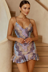 Take Note Cami Strap Criss-Cross Back Mini Dress Sequin Rose/Lilac