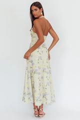 Auriana Asymmetric Neckline Halter maxi Dress Floral Lemon