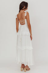 Moonlit Moment Ruffle Trim Lace-Up Back Maxi Dress White