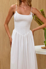 Enchanted Leaf Shirred Bodice Maxi Dress White