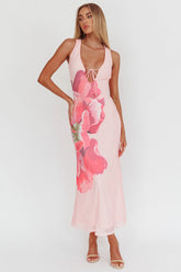 Cinders Tied Plunging Neckline Maxi Dress Flower Pink