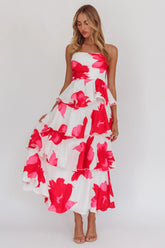 Giavana Strapless Layered Midi Dress Floral Red