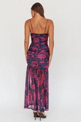 Stole The Show Ruched Mesh Maxi Dress Floral Grape