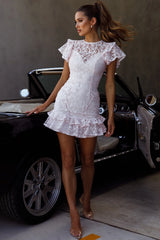 Lark Crew Neck Ruffle Sleeve Dress Lace Overlay Pink