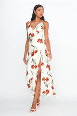 Corinna Tied Waist Split Dress Floral Poppy