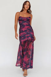 Stole The Show Ruched Mesh Maxi Dress Floral Grape